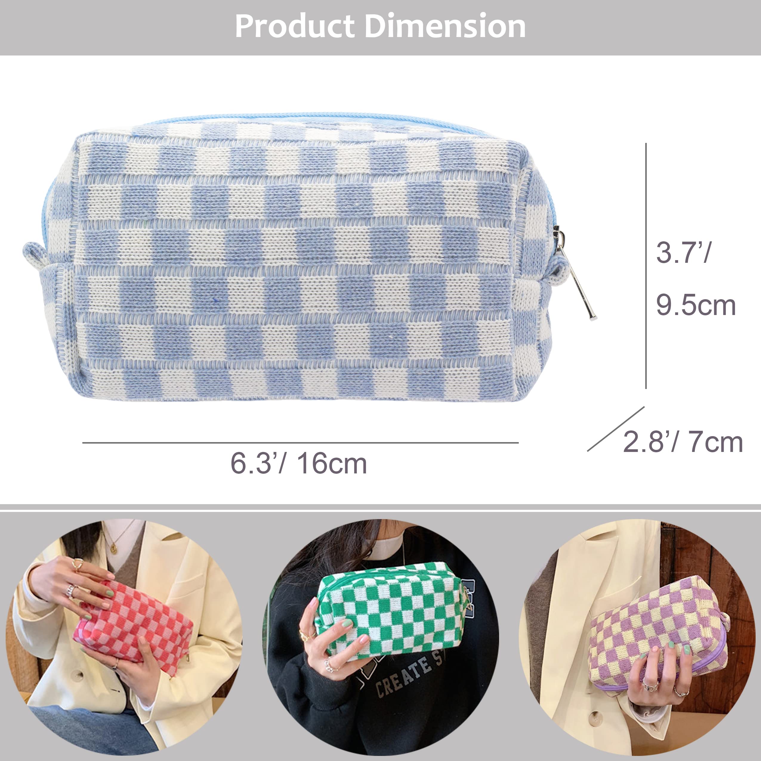 PAZIMIIK checkered makeup bag blue roomy-compartment fits brushes and cosmetics