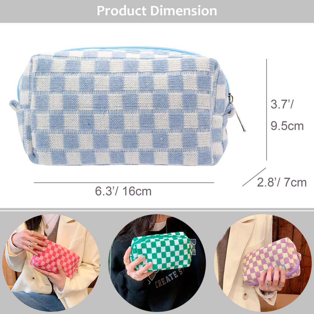 PAZIMIIK checkered makeup bag blue roomy-compartment fits brushes and cosmetics