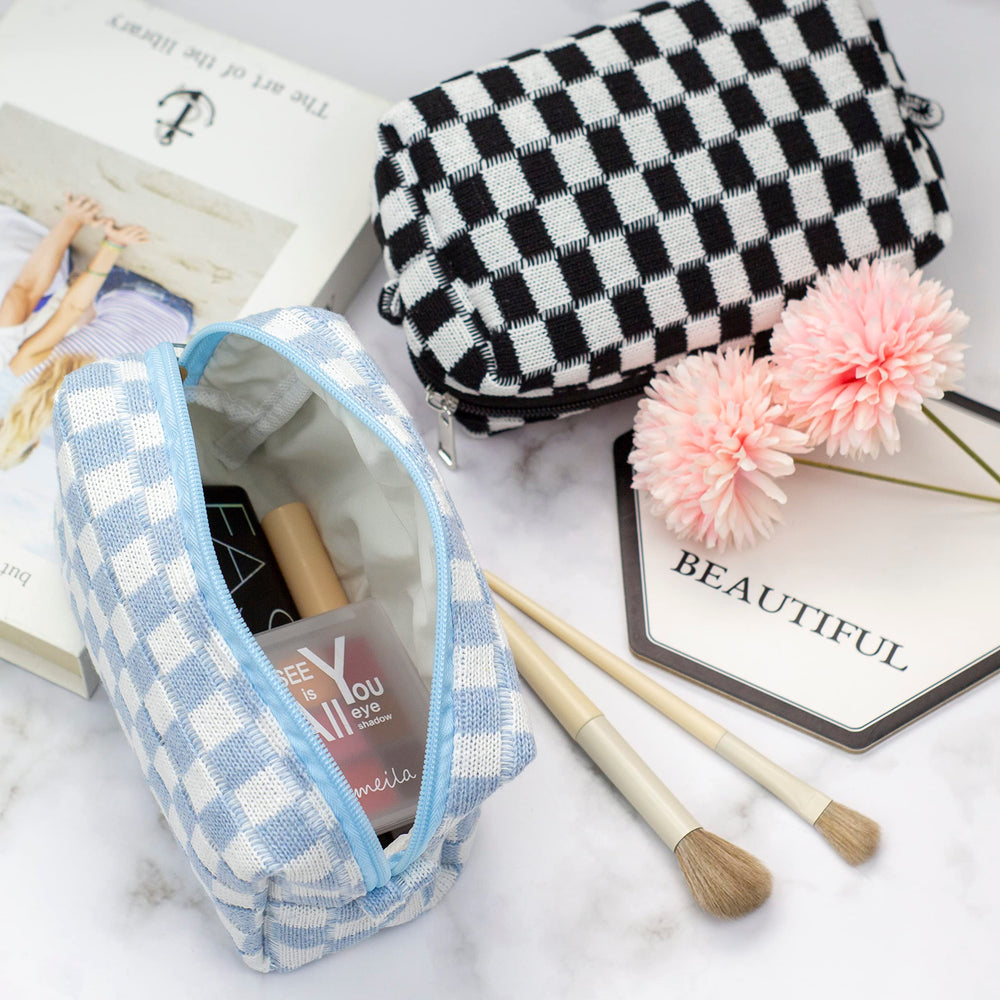 PAZIMIIK checkered makeup bag blue top-zip securely closes travel essentials