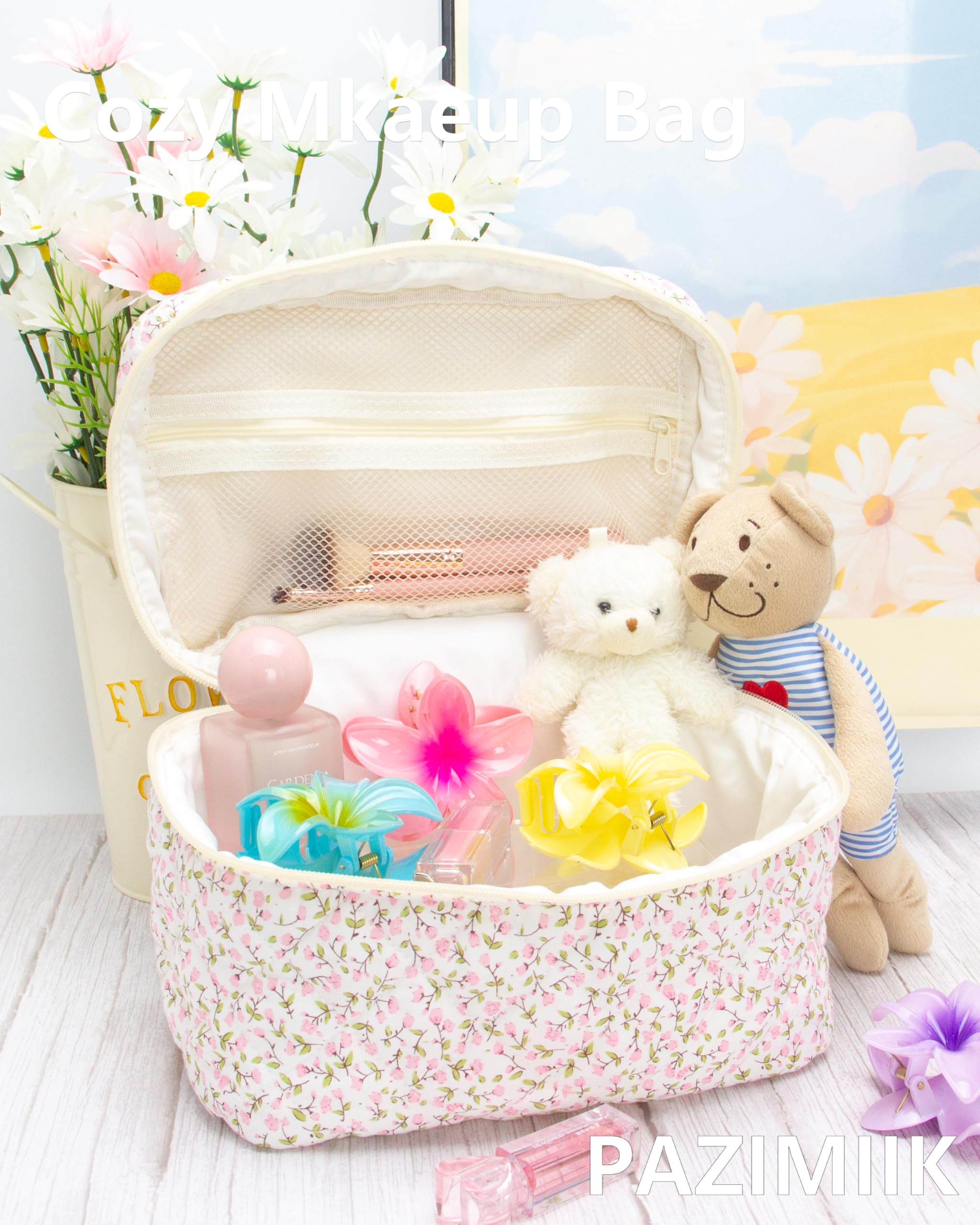 PAZIMIIK makeup bag set middle compartment demonstrates roomy main space for cosmetics.