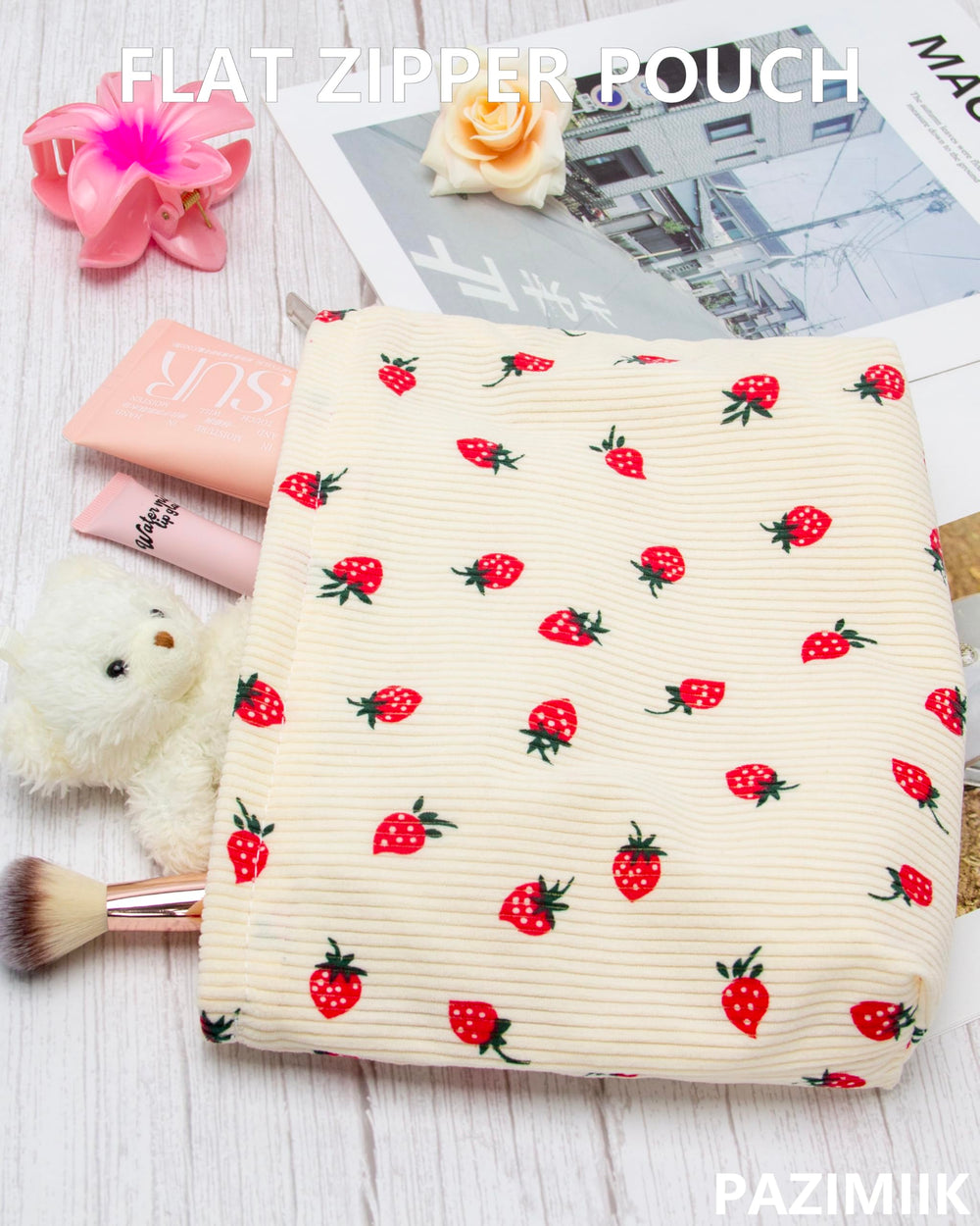 PAZIMIIK strawberry beige makeup bag opened to reveal soft interior.