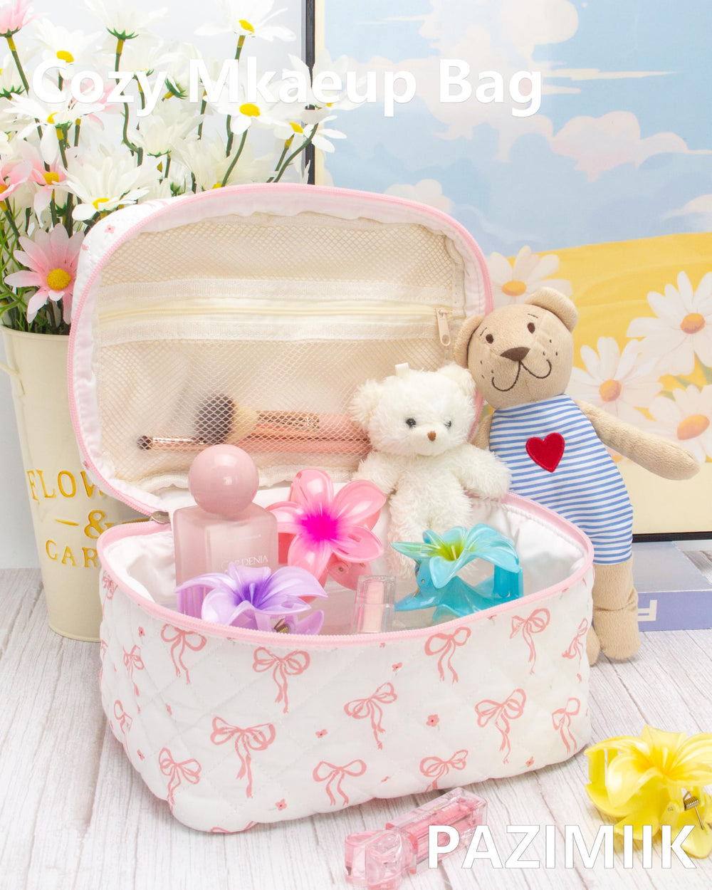 PAZIMIIK Quilted Makeup Bag main compartment provides ample space for cosmetics on the go