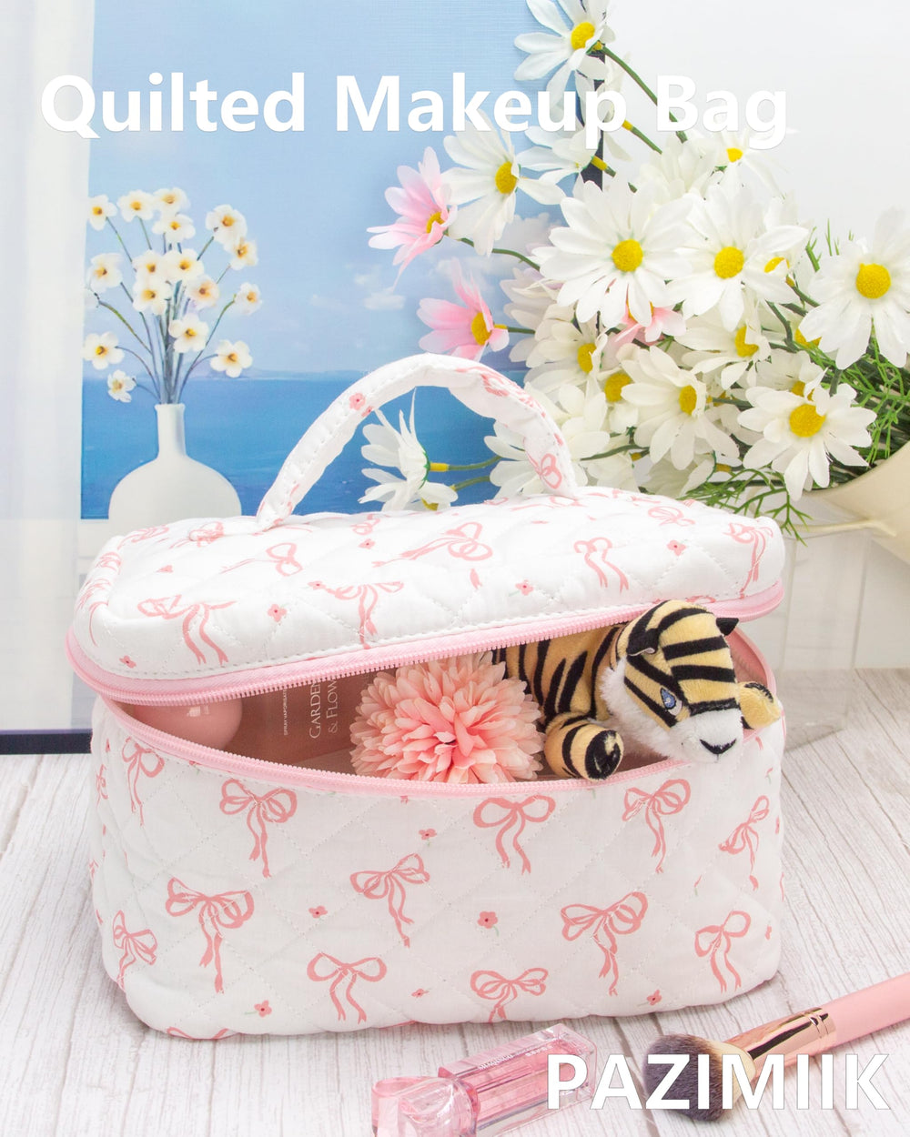 PAZIMIIK Quilted Makeup Bag mesh pocket keeps brushes and small items neatly accessible
