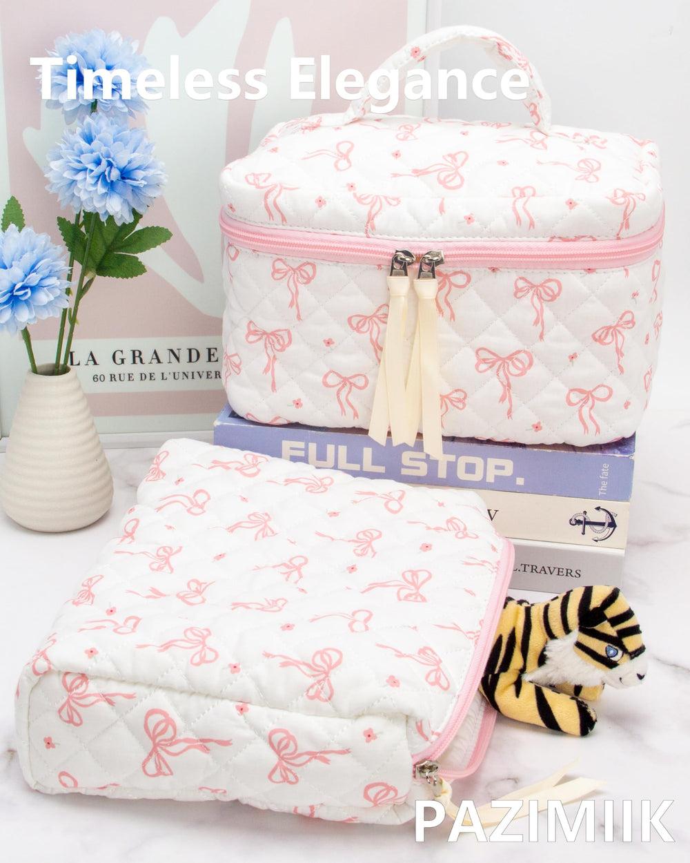 PAZIMIIK Quilted Makeup Bag travel use demonstrates easy packing in luggage