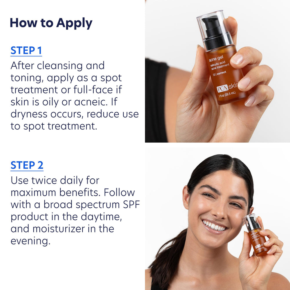 PCA SKIN Acne Gel applied to a blemish demonstrates targeted spot treatment.