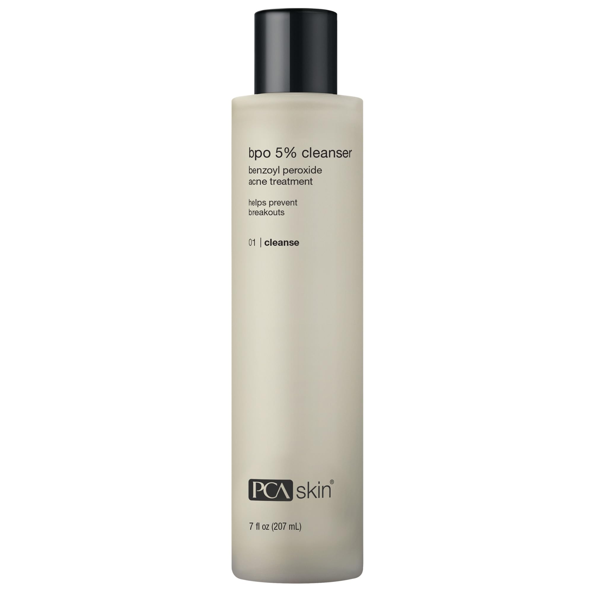 PCA SKIN benzoyl peroxide face wash bottle showcases 5% formula for clearer pores.