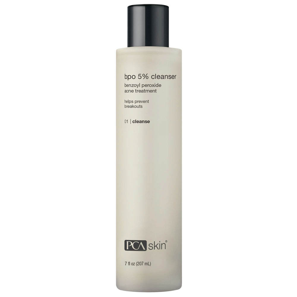 PCA SKIN benzoyl peroxide face wash bottle showcases 5% formula for clearer pores.