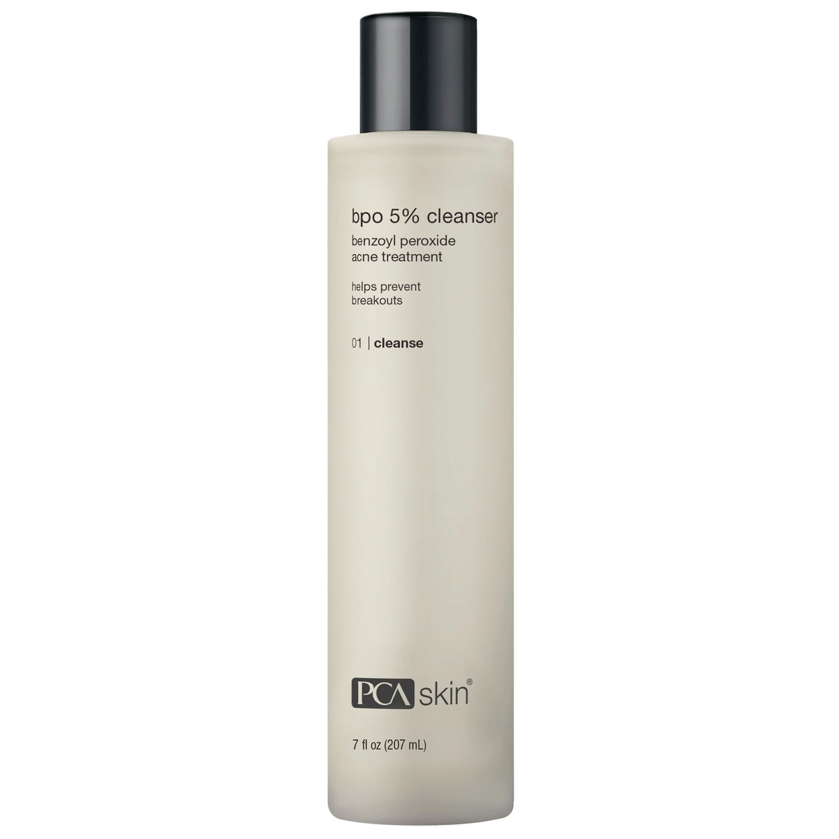 PCA SKIN benzoyl peroxide face wash bottle showcases 5% formula for clearer pores.