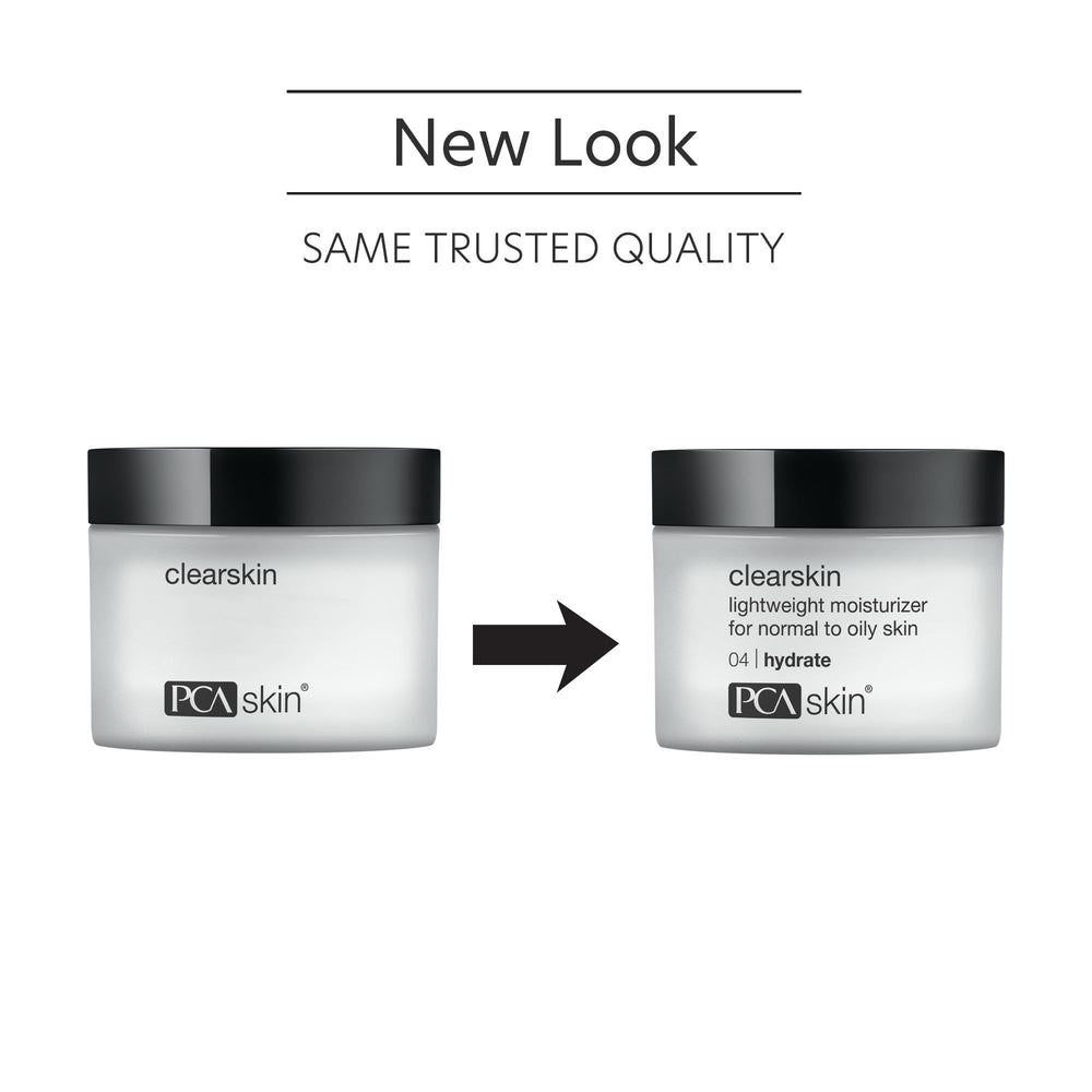 PCA SKIN Clearskin ingredient panel highlights niacinamide, bisabolol, and cucumber for balance.