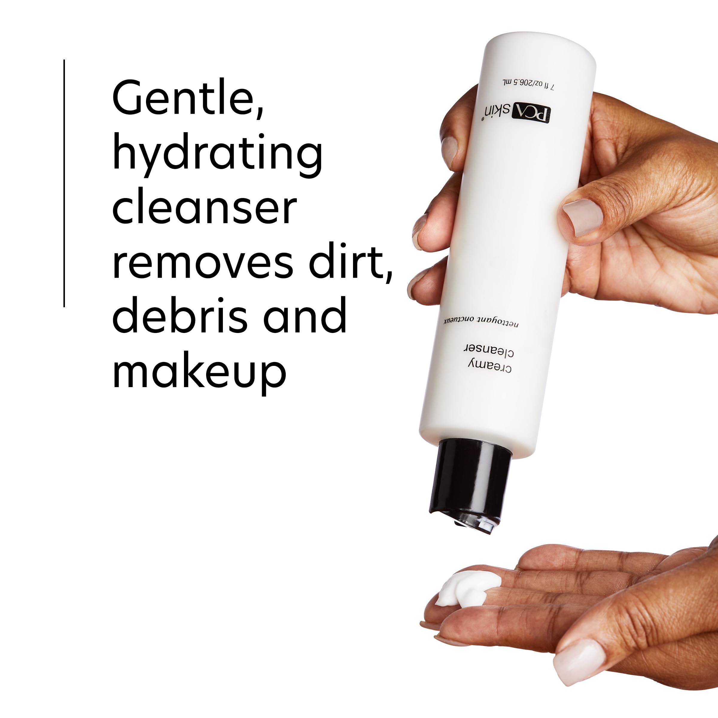 PCA SKIN Creamy Moisturizing Face Cleanser bottle with Aloe Vera highlights soothing hydration.