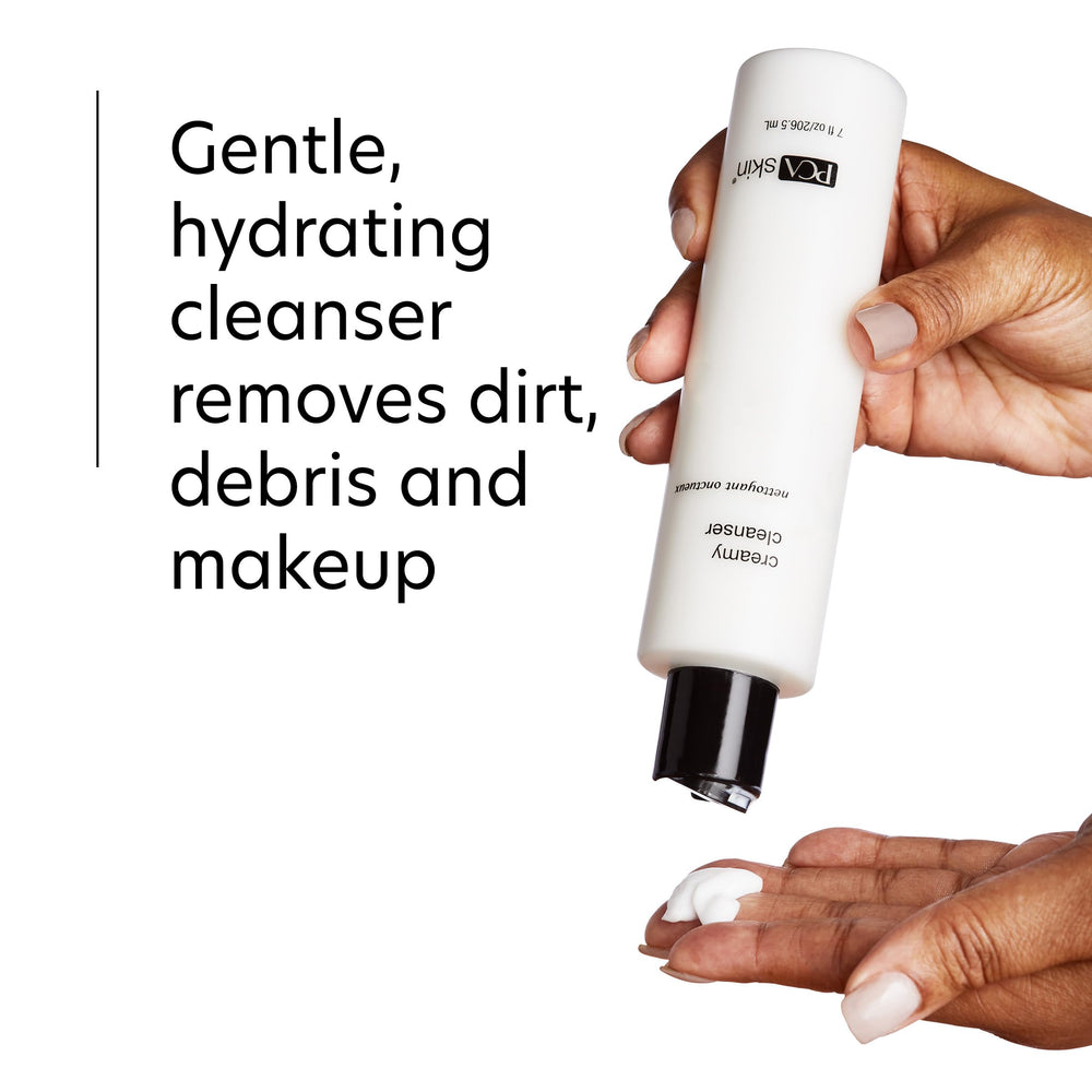 PCA SKIN Creamy Moisturizing Face Cleanser bottle with Aloe Vera highlights soothing hydration.