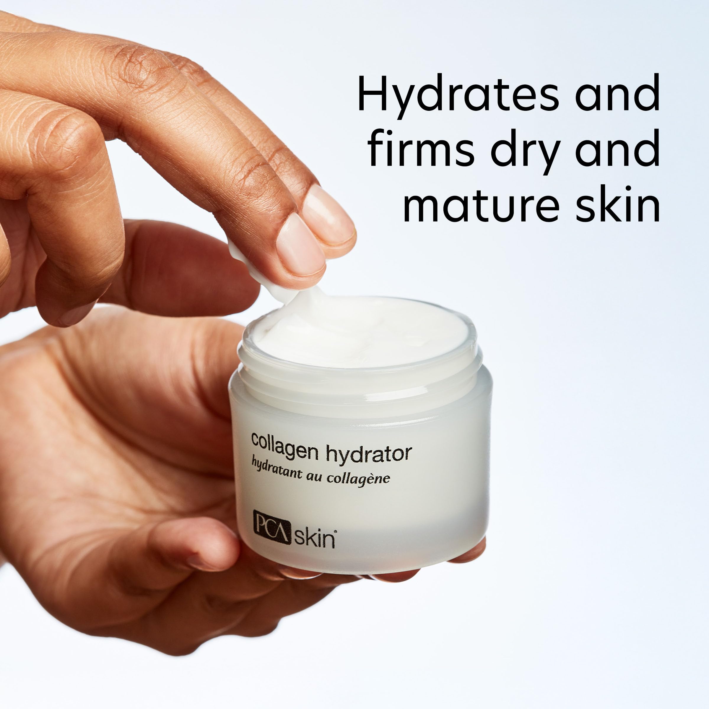PCA SKIN hydrating cream texture close-up reveals lightweight, fast-absorbing formula.