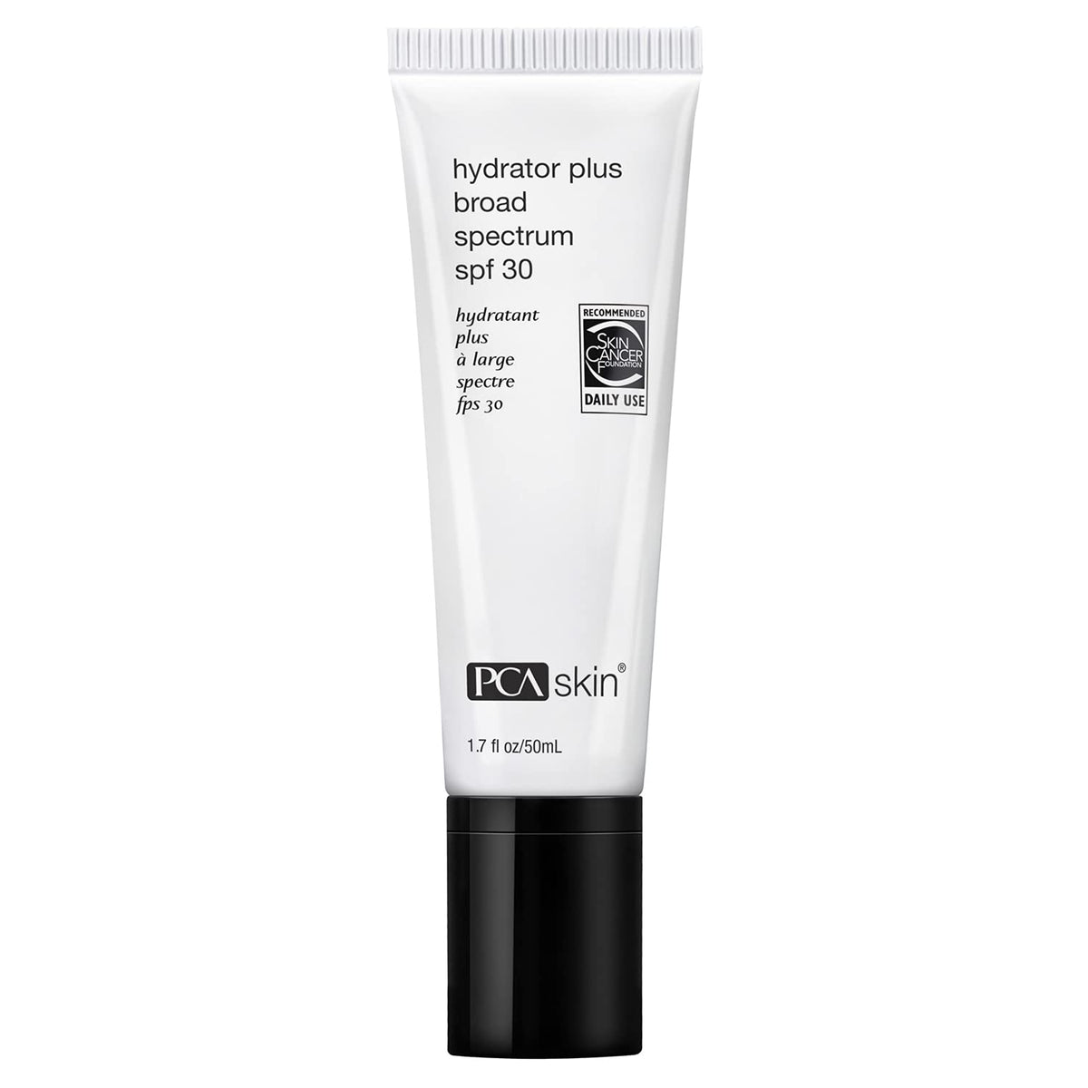 PCA SKIN Hydrator Plus SPF30 bottle closeup showing oil-free, hydrating sunscreen.
