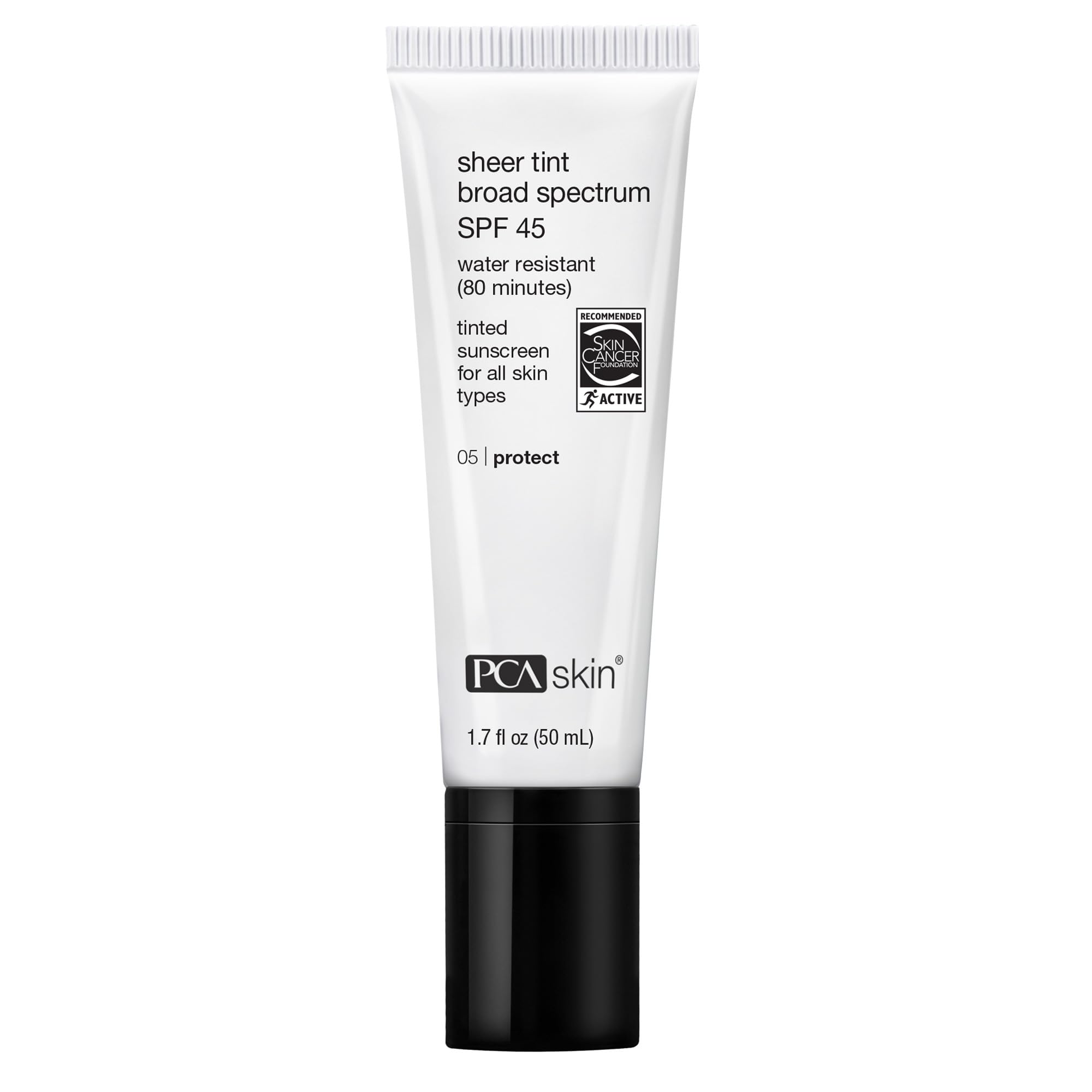PCA SKIN Sheer Tinted Sunscreen tube offers portable SPF 45 protection with light, sheer coverage.