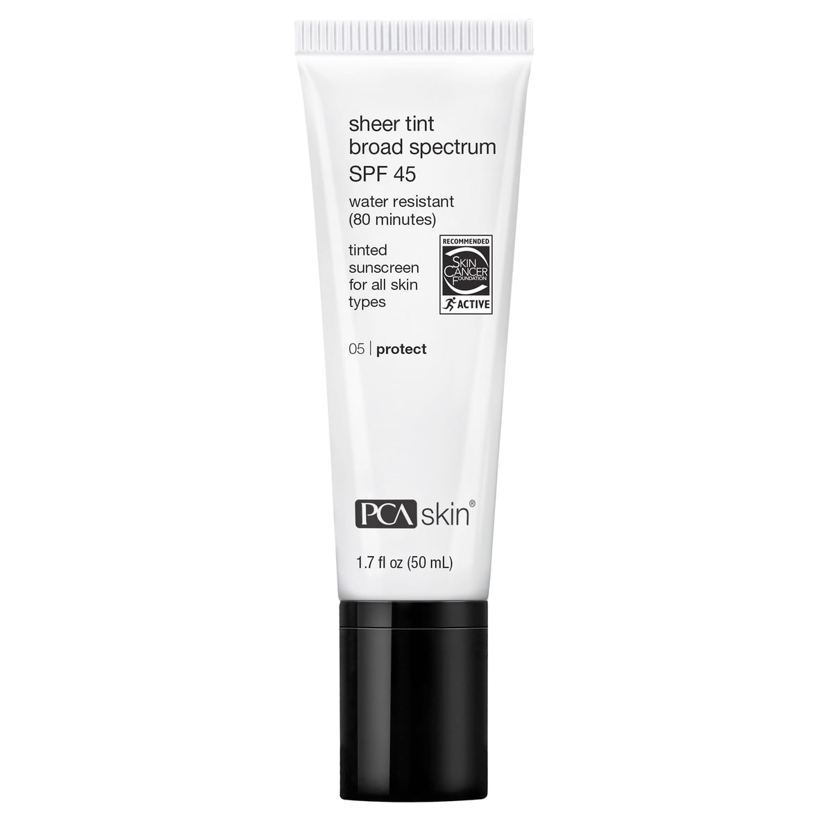PCA SKIN Sheer Tinted Sunscreen tube offers portable SPF 45 protection with light, sheer coverage.