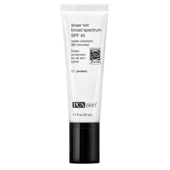 PCA SKIN Sheer Tinted Sunscreen tube offers portable SPF 45 protection with light, sheer coverage.