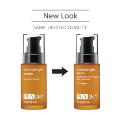 PCA SKIN Total Strength Serum label closeup highlighting peptides and growth factor for firming