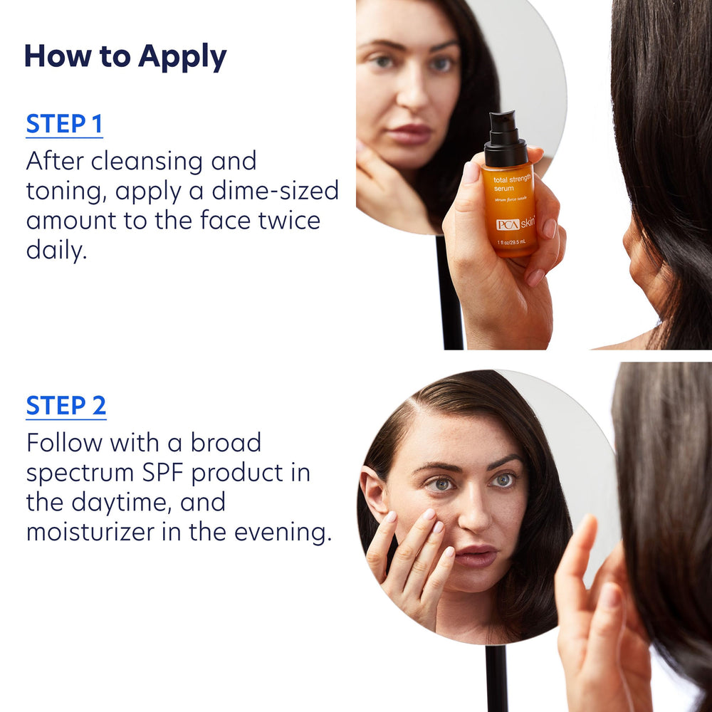 PCA SKIN Total Strength Serum night routine setup with moisturizer for enhanced radiance