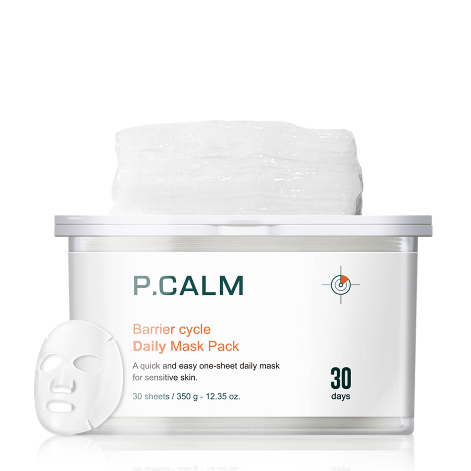 P.CALM Barrier Cycle daily sheet mask closeup highlights soothing hydration for balanced skin.