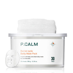 P.CALM Barrier Cycle daily sheet mask closeup highlights soothing hydration for balanced skin.