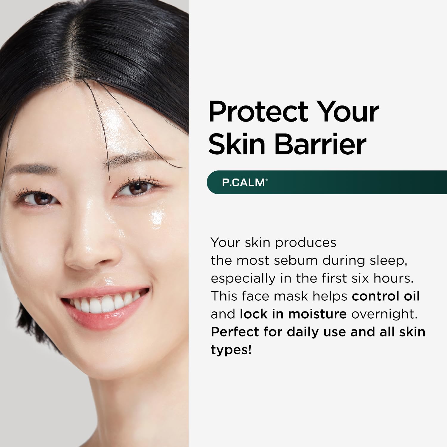 P.CALM Barrier Cycle mask packaging shows easy 30-day supply and Korean skincare promise.