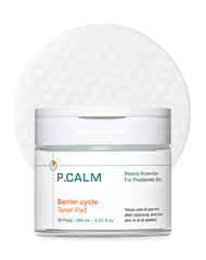 P.CALM Barrier Cycle Toner Pad packshot showing vegan Korean toner pads for sensitive skin.