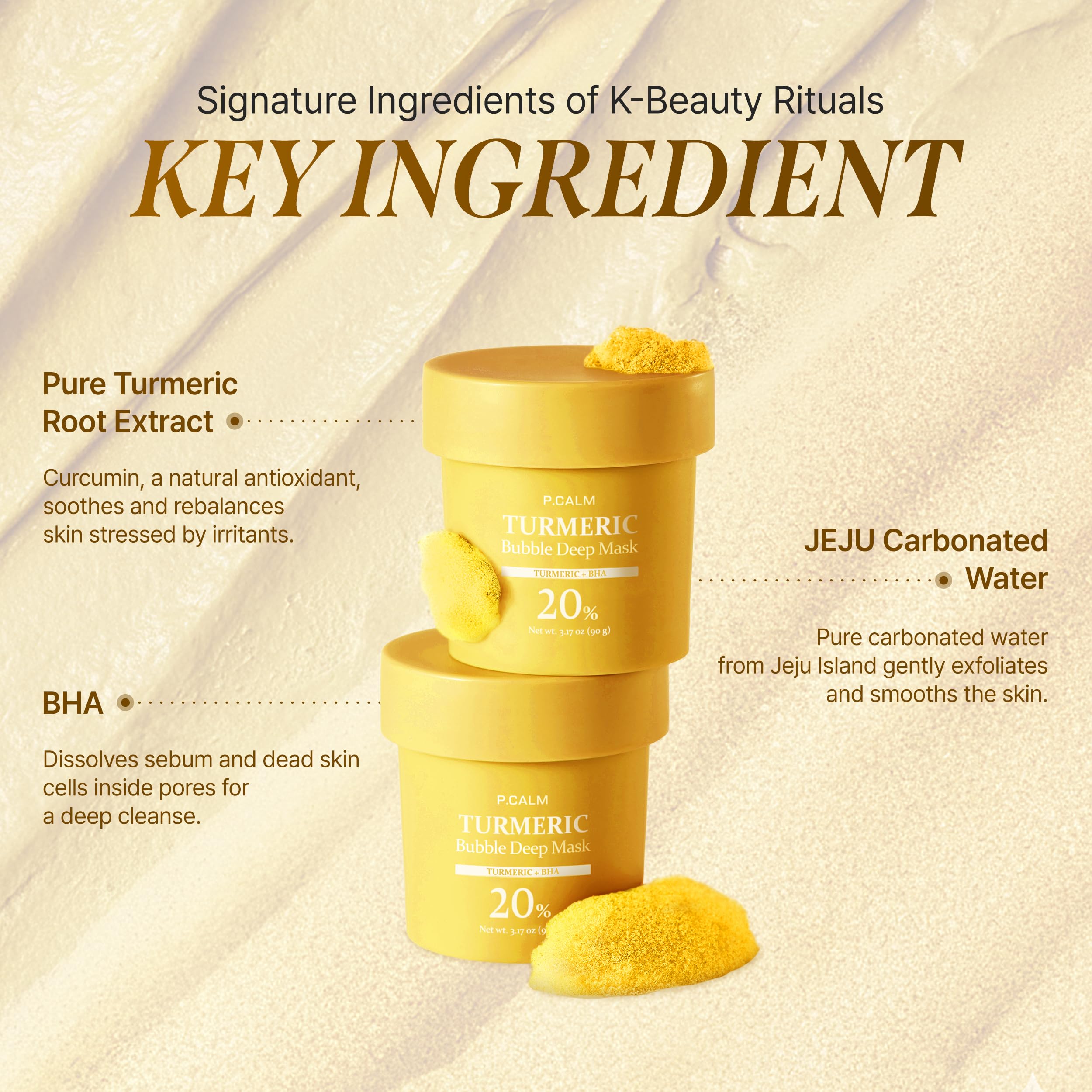P.CALM Turmeric Bubble Mask action shows clay-to-bubbles wash-off for a spa-at-home experience.