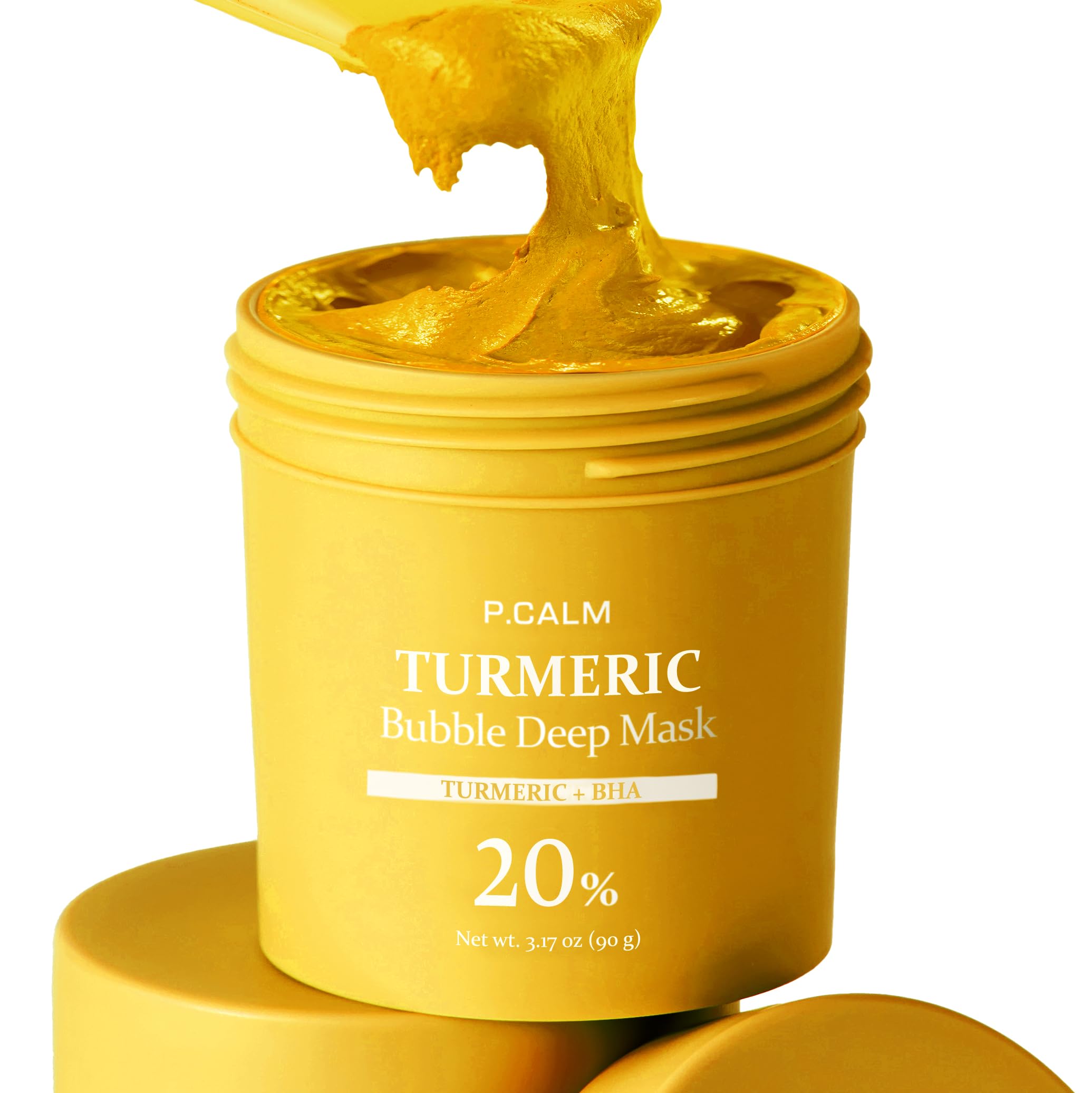 P.CALM Turmeric Bubble Mask close-up shows clay-to-bubbles transformation for a refreshing cleanse.