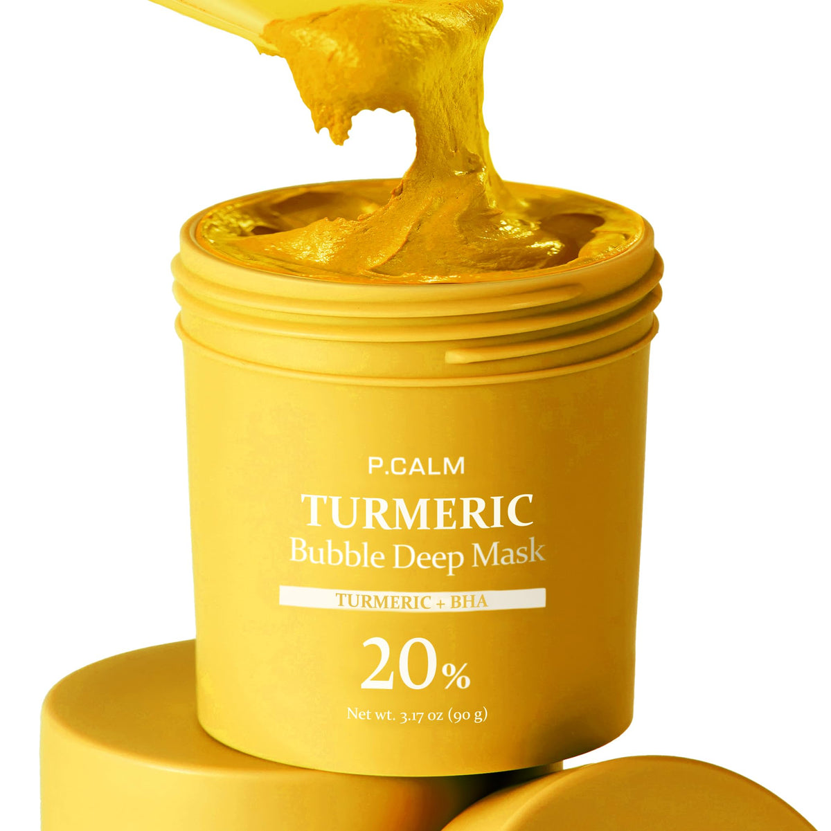 P.CALM Turmeric Bubble Mask close-up shows clay-to-bubbles transformation for a refreshing cleanse.