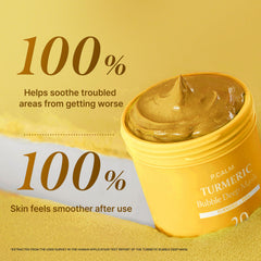 P.CALM Turmeric Bubble Mask glow shot hints at calmer, more even skin tone.