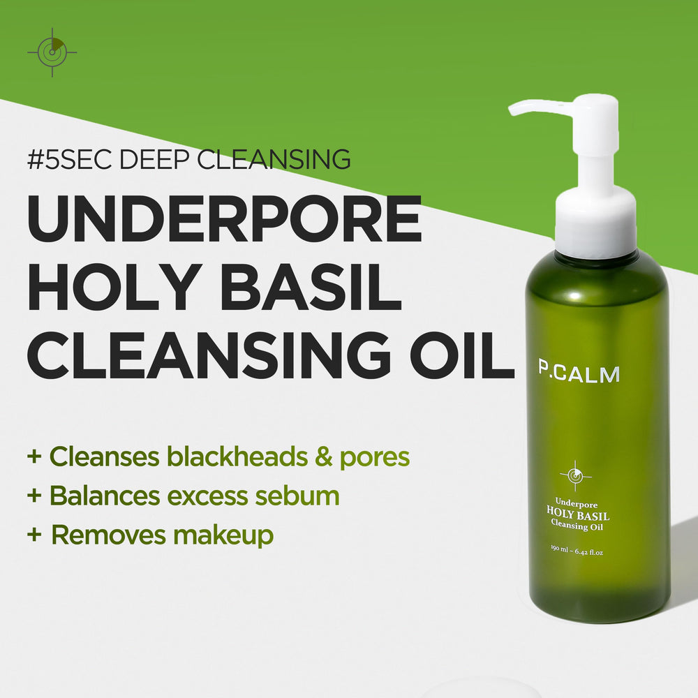 P.CALM Underpore holy basil tea tree essence highlights calming botanicals for sensitive skin.