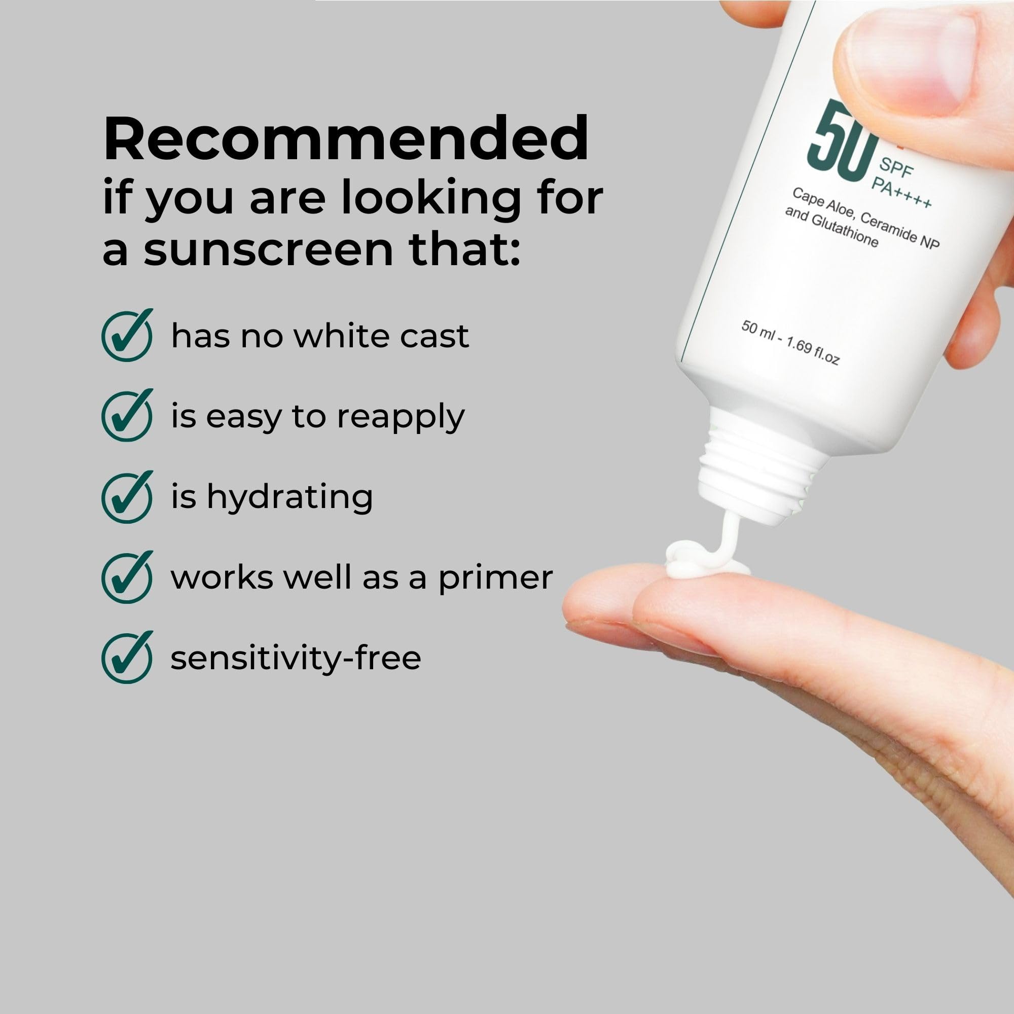 P.CALM Water Barrier Sun Cream gel texture on skin, lightweight hydration.