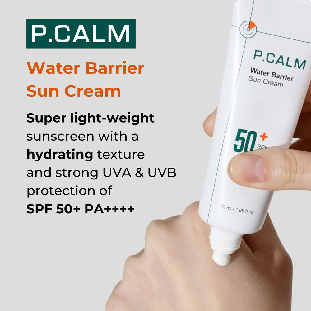 P.CALM Water Barrier Sun Cream matte finish, no white cast under makeup.