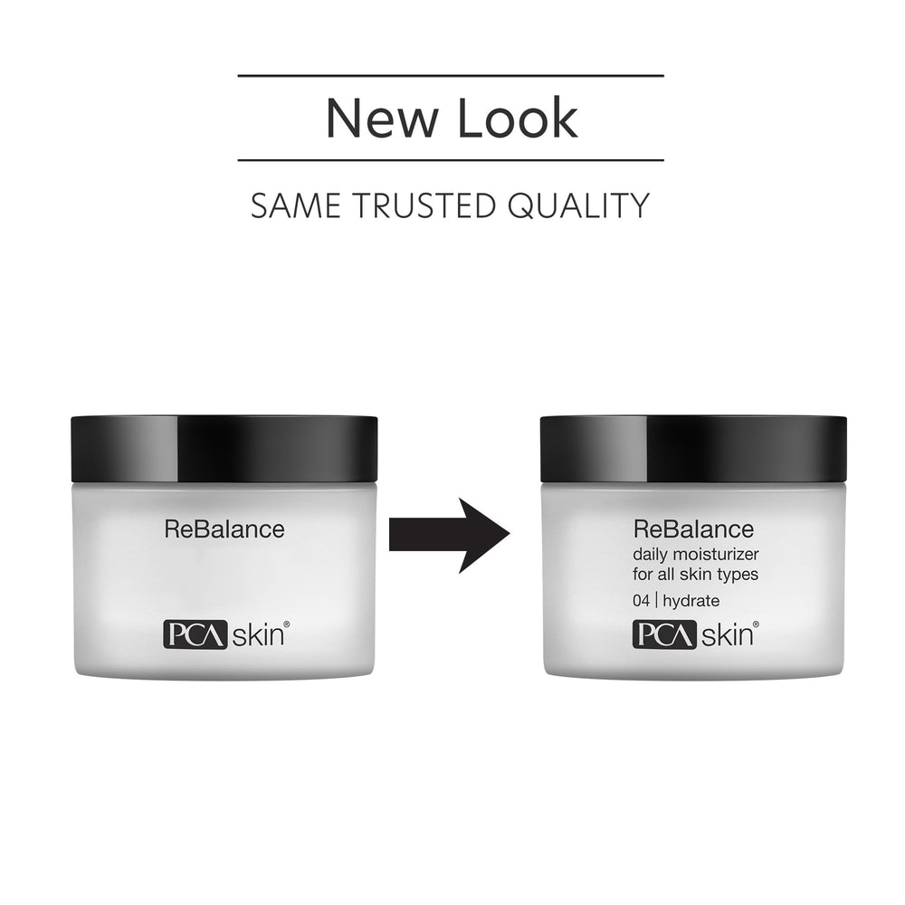 PCA SKIN ReBalance moisturizer jar close-up label highlighting calming formula for sensitive skin.