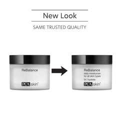 PCA SKIN ReBalance moisturizer jar close-up label highlighting calming formula for sensitive skin.