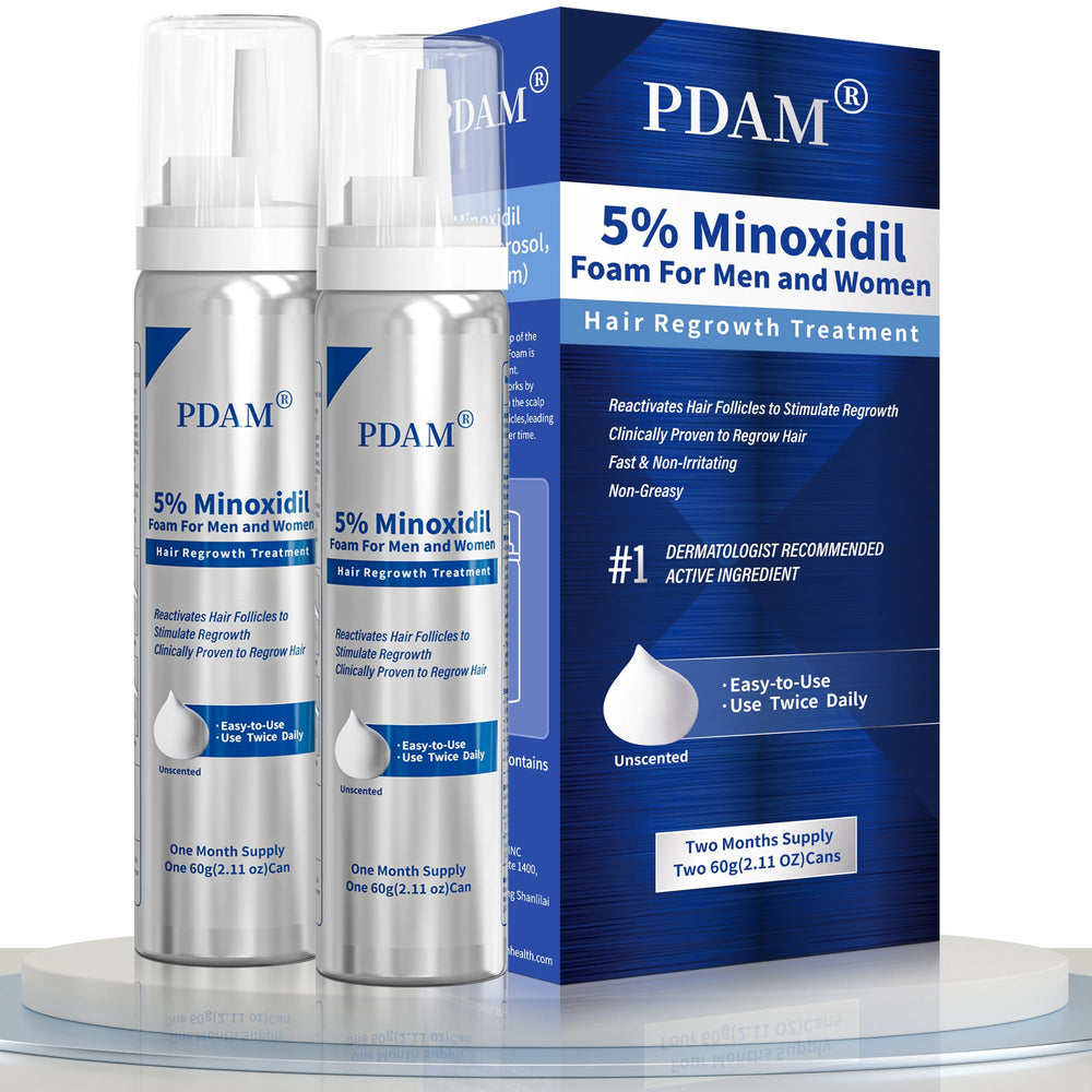 Pdam 5% Minoxidil foam scalp-application shows fast-absorbing formula for thinning areas.