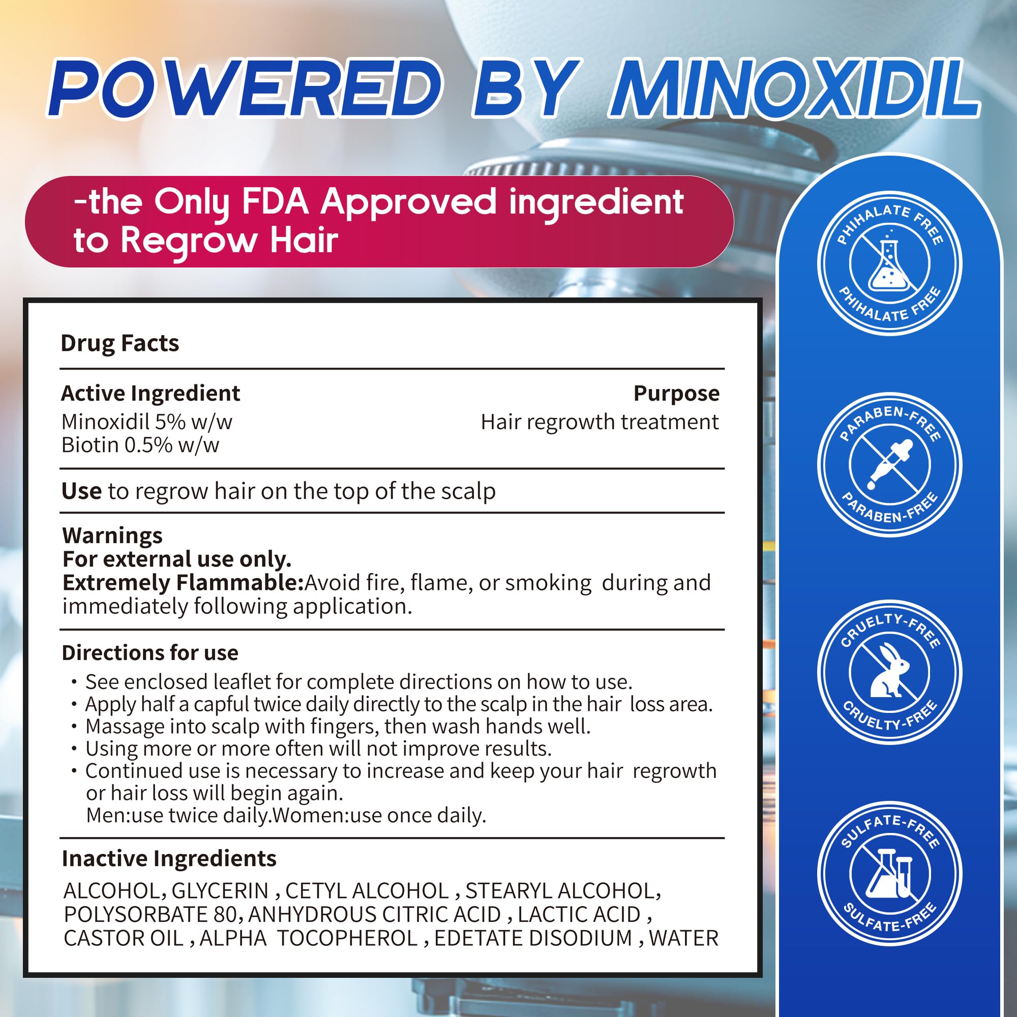 Pdam 5% Minoxidil foam for beard-growth and scalp care in one bottle.
