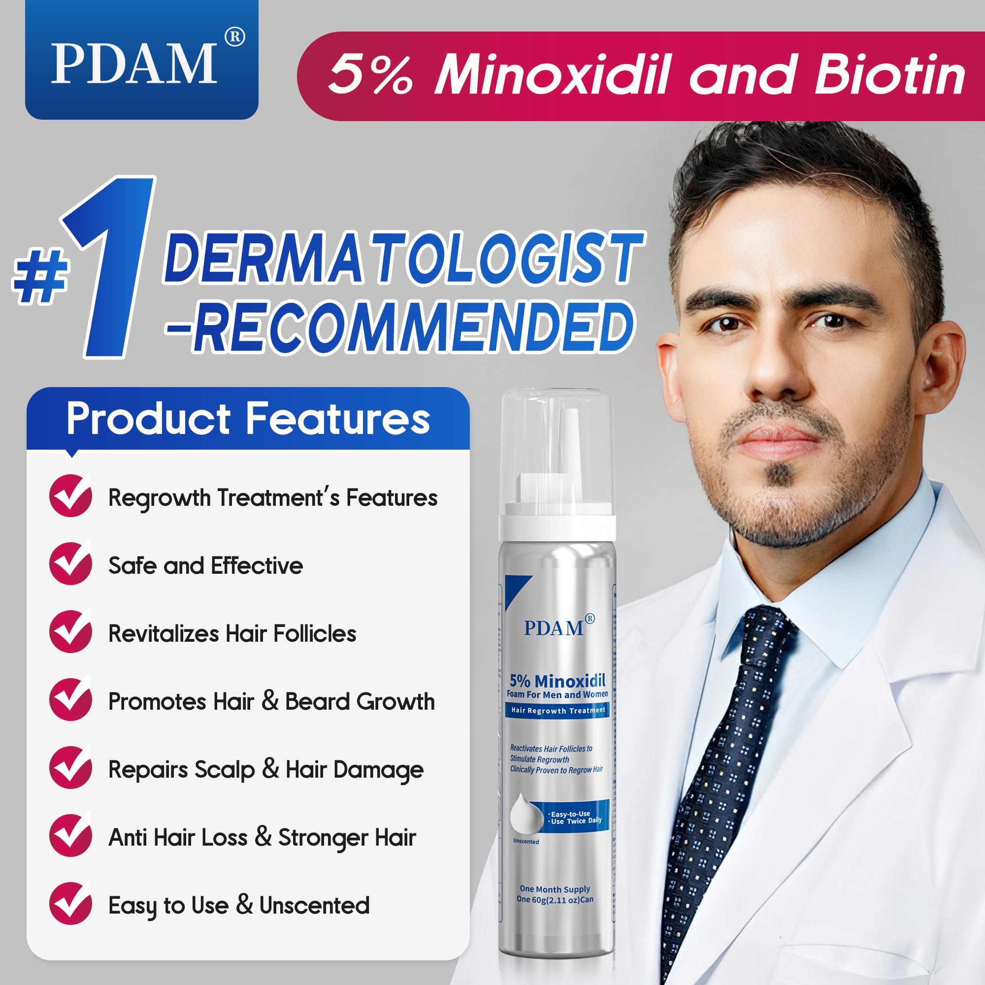 Pdam minoxidil-foam-absorption close-up highlights non-greasy finish on the scalp.