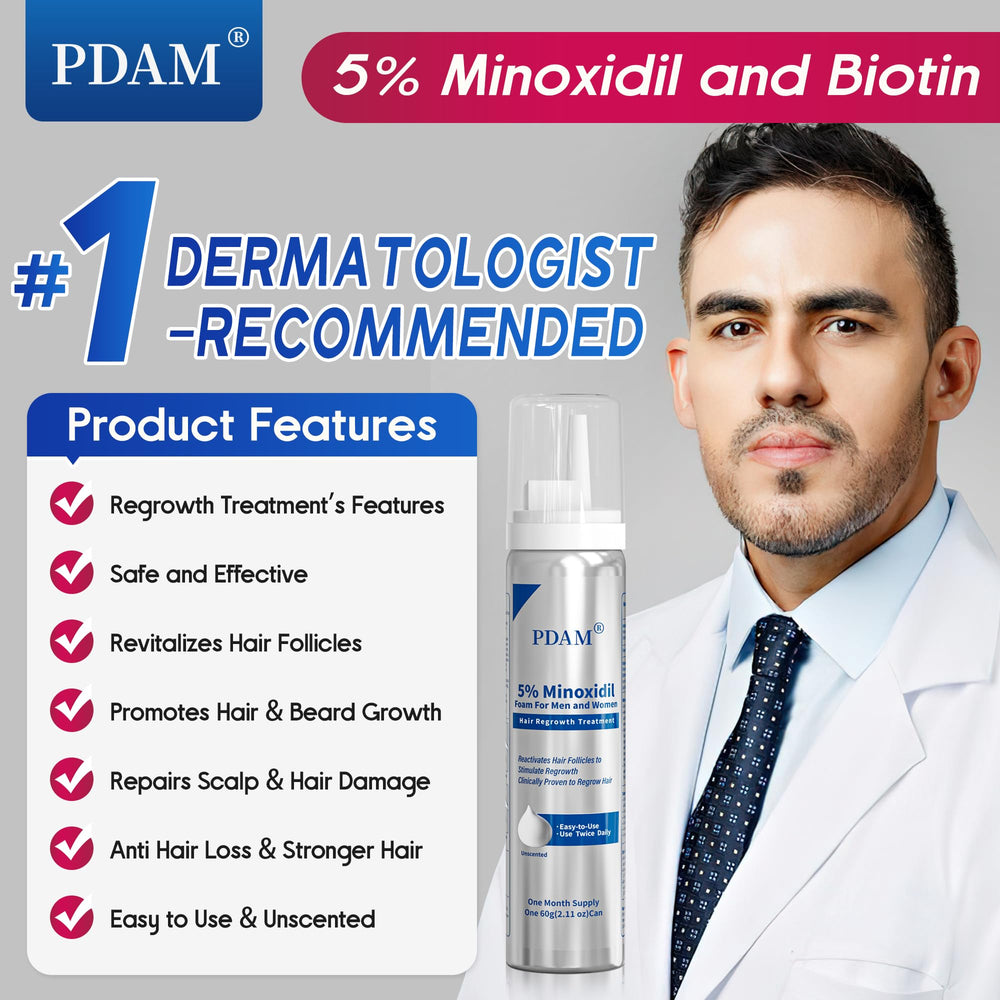 Pdam minoxidil-foam-absorption close-up highlights non-greasy finish on the scalp.