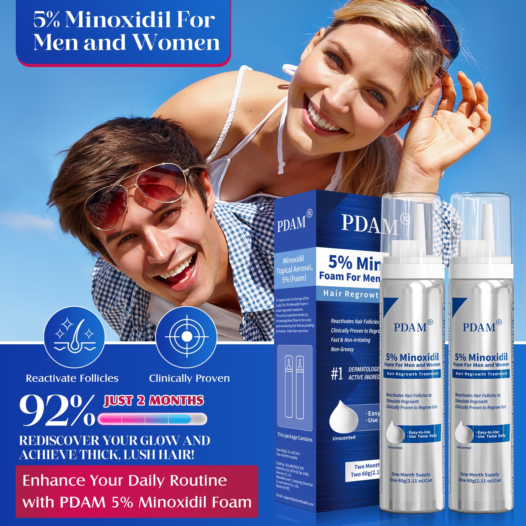 Pdam minoxidil-foam-dry-area shot emphasizes quick-drying feel.