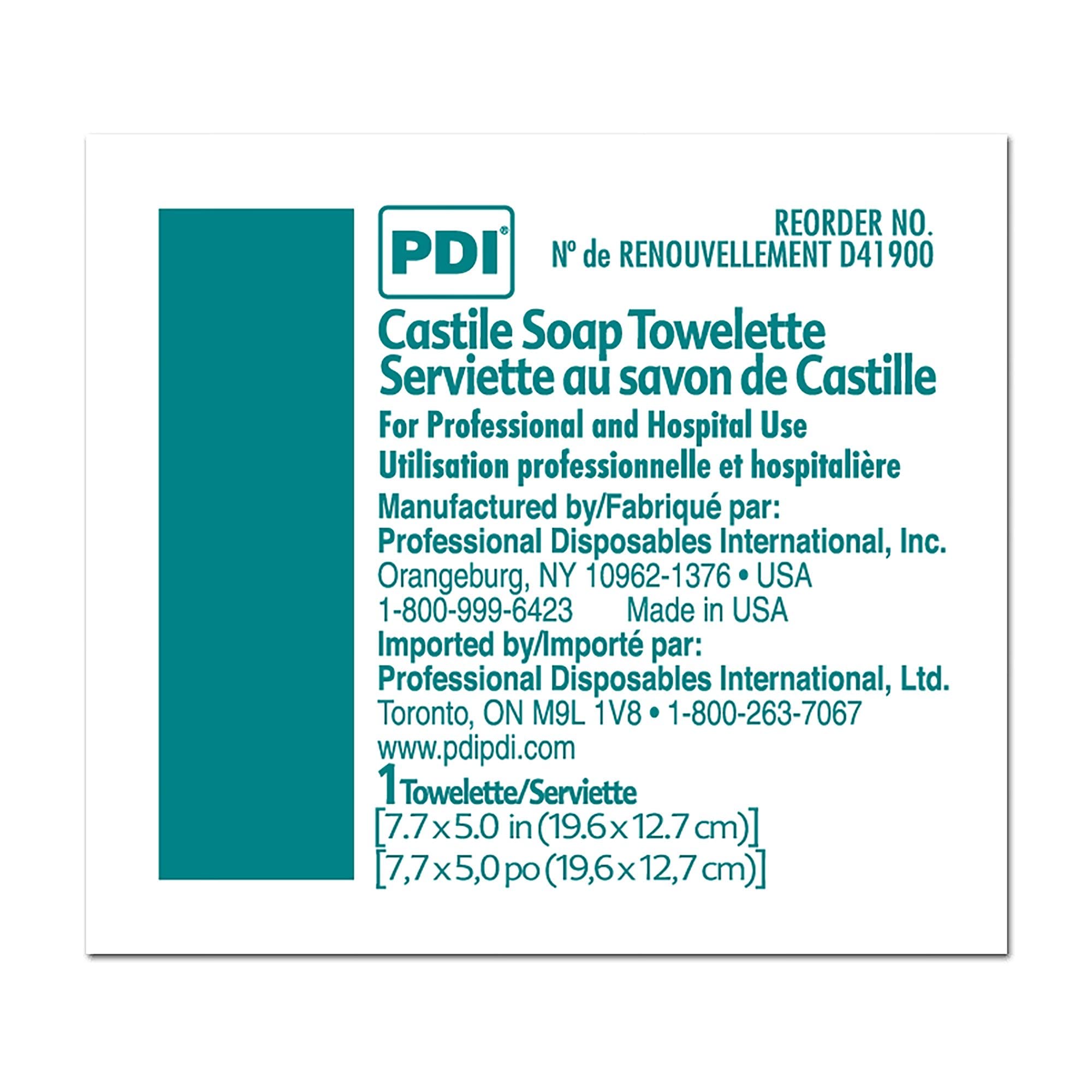 PDI Castile Soap Towelette packaging shows 100 wipes for travel use.