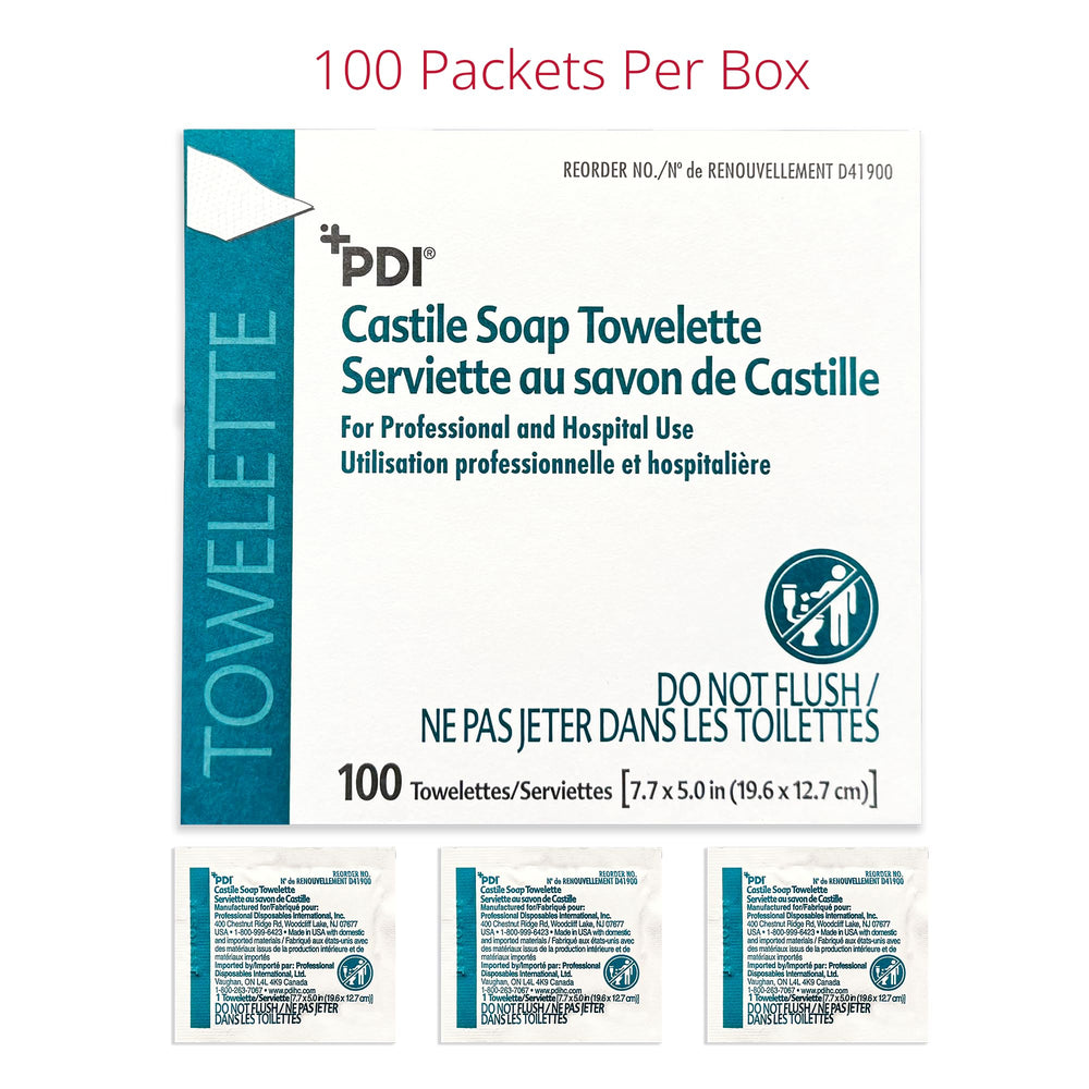 PDI Castile Soap Towelettes single wrapped towelette ready for on-the-go use.