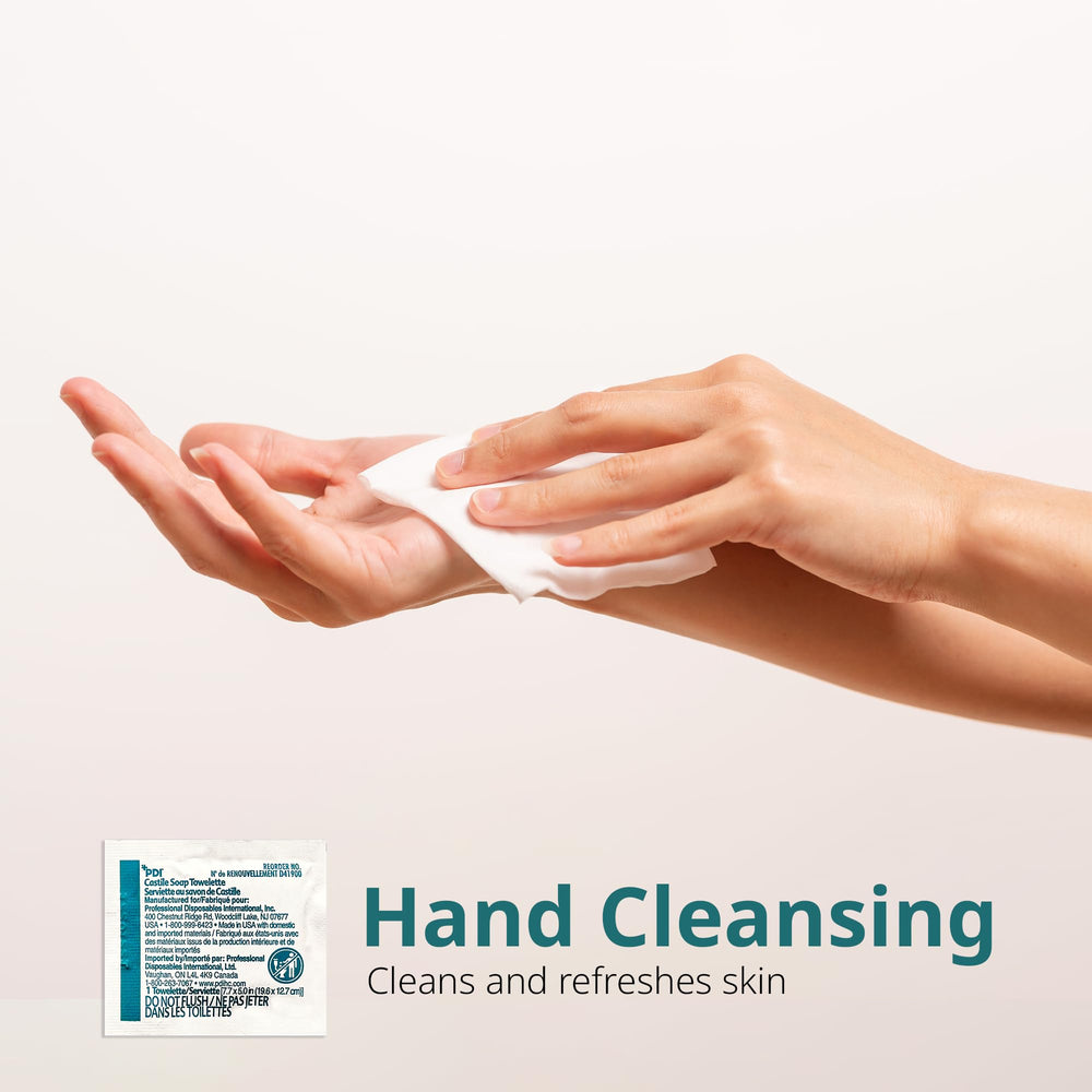 PDI Castile Soap Towelettes pre-moistened for immediate use.