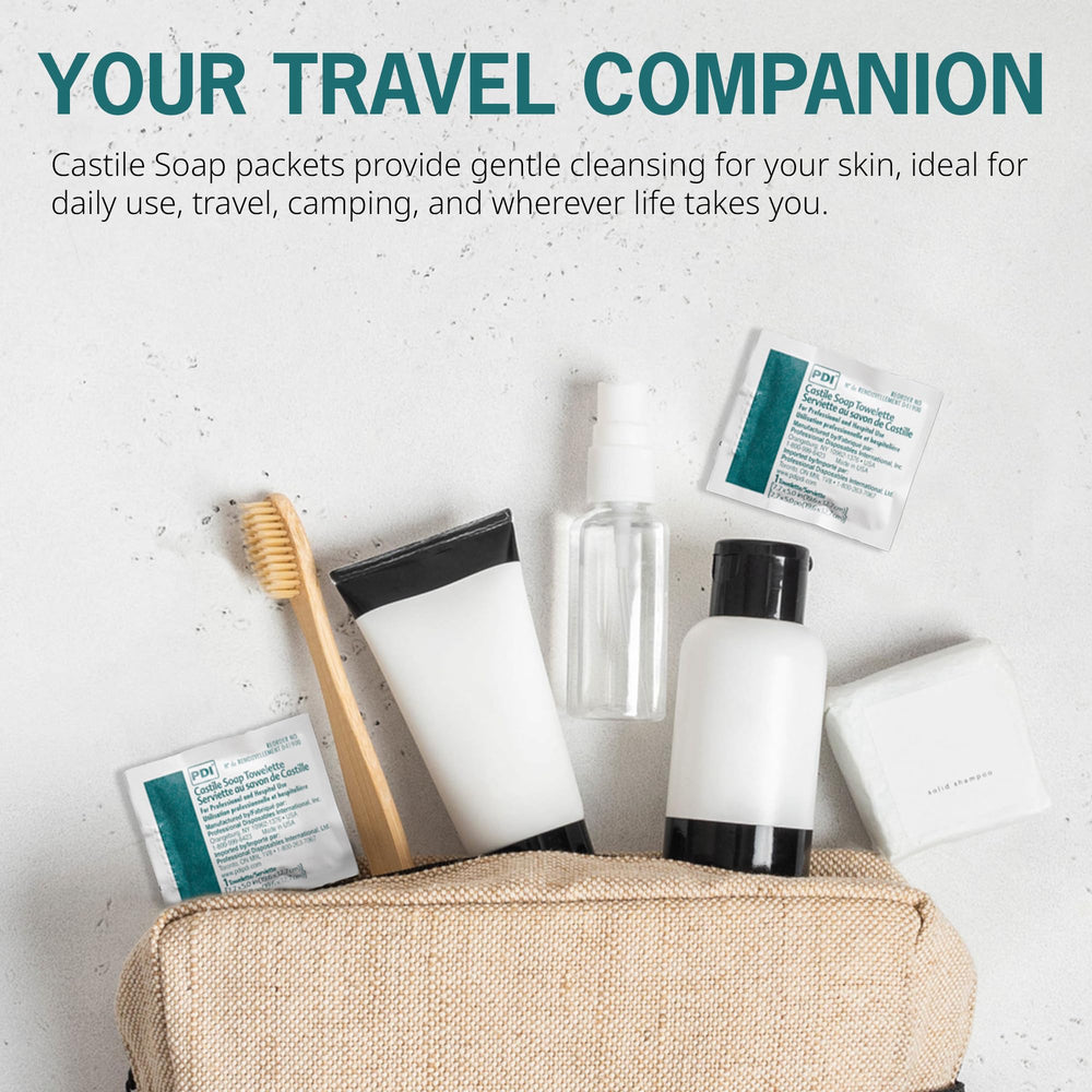 PDI Castile Soap Towelettes purse or gym bag friendly packaging.