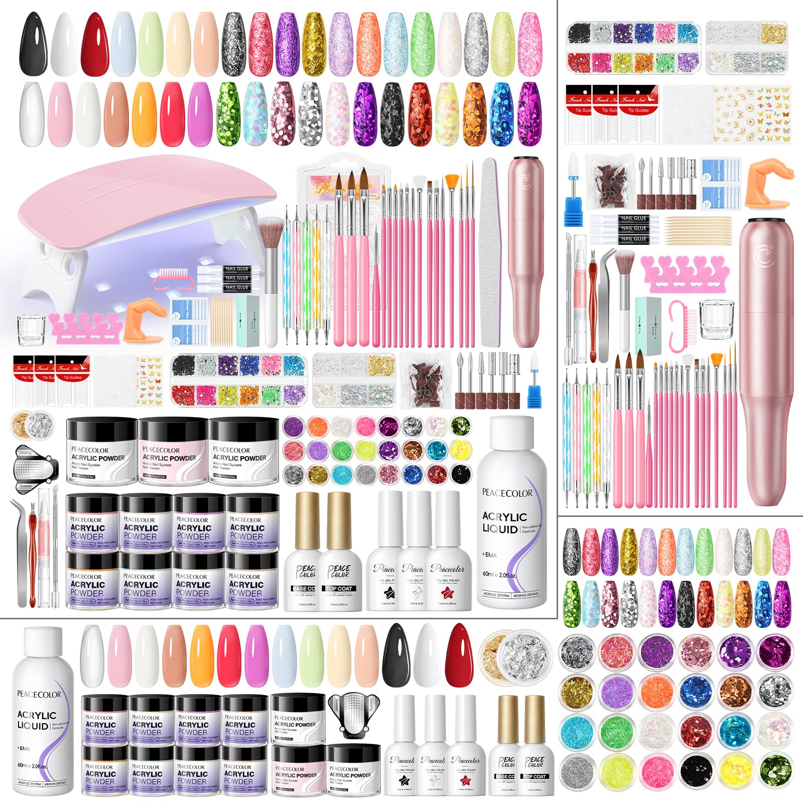 PEACECOLOR acrylic nail kit contents for at-home DIY mani sessions.