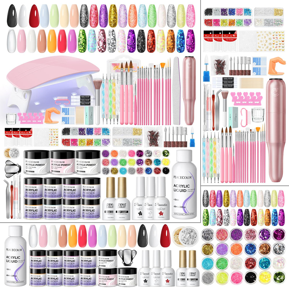PEACECOLOR acrylic nail kit contents for at-home DIY mani sessions.