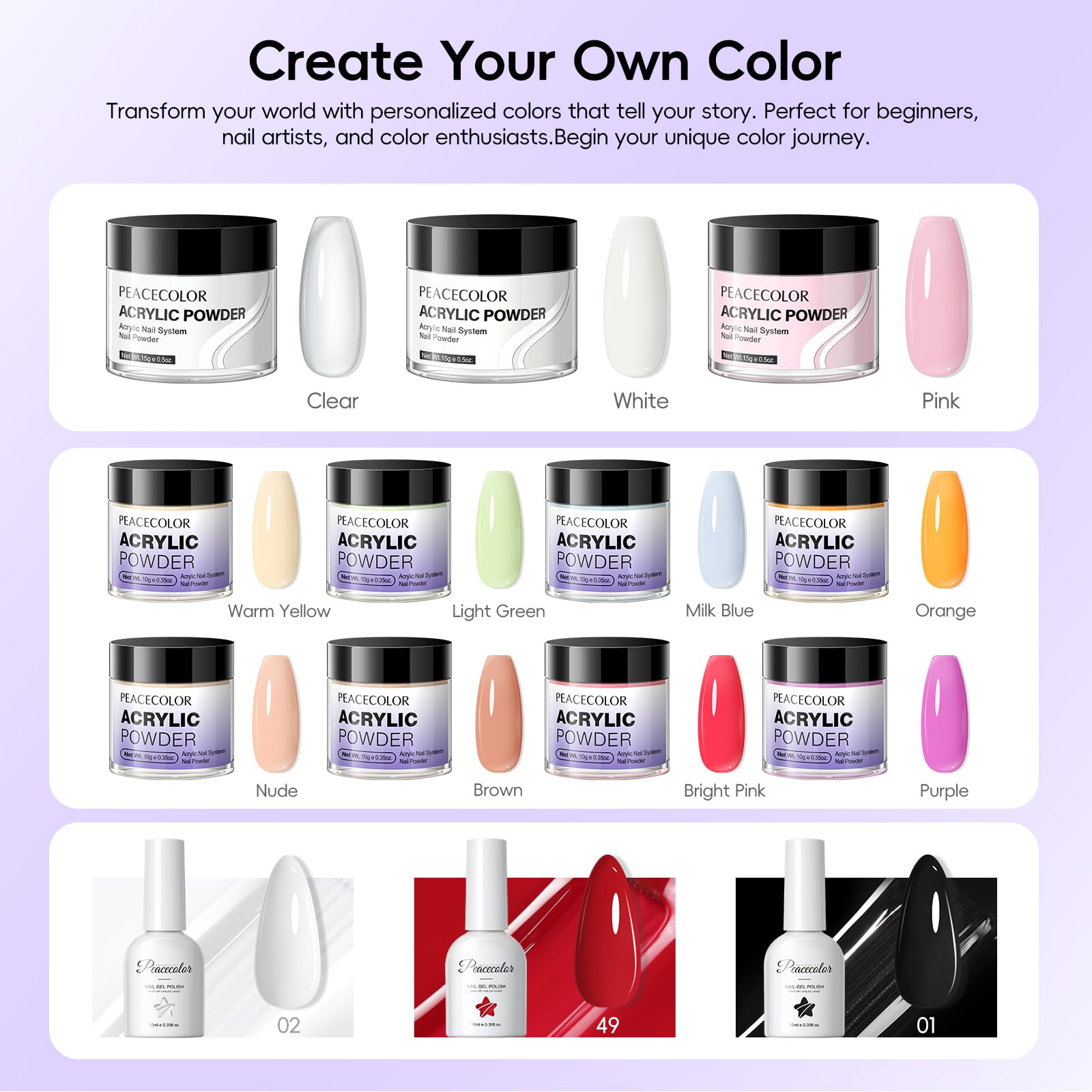 PEACECOLOR gel polish trio for glossy finishes and color updates.