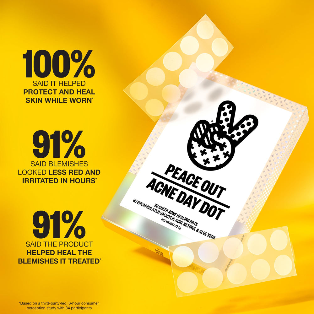Peace Out Acne Day Dot closeup adhesive shows strong, comfortable stick.