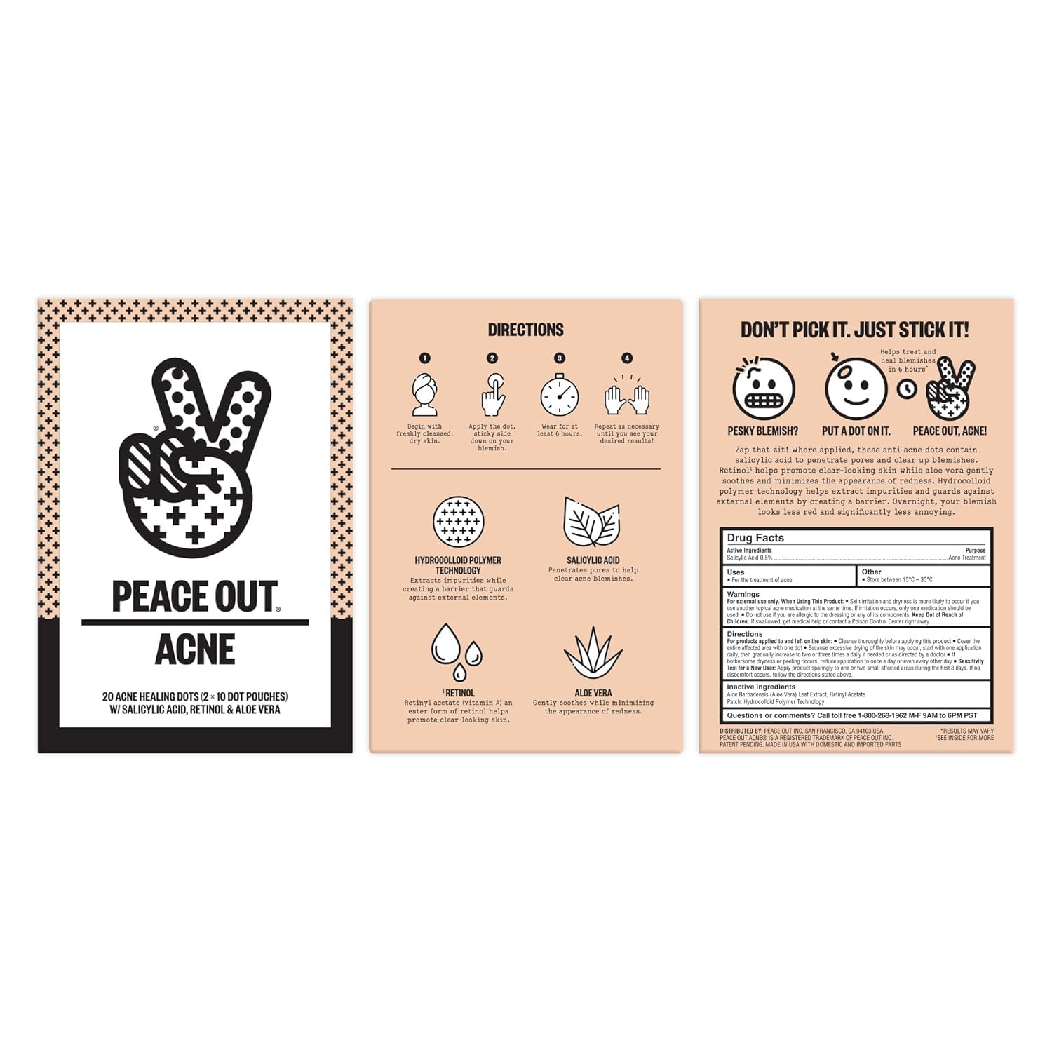 Peace Out Acne Healing Dots on skin closeup demonstrating targeted spot treatment and soothing properties.