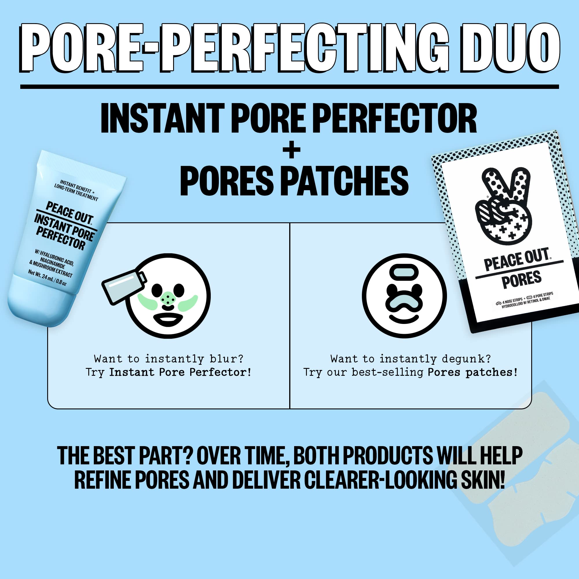 PEACE OUT Instant Pore Perfector before-after shows visible pore reduction and redness balance